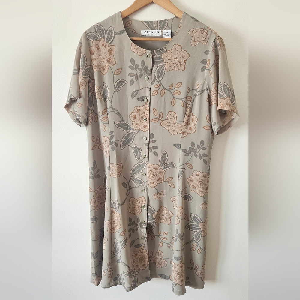 Vintage Chaus Green Floral Button-Up Short Sleeve Dress